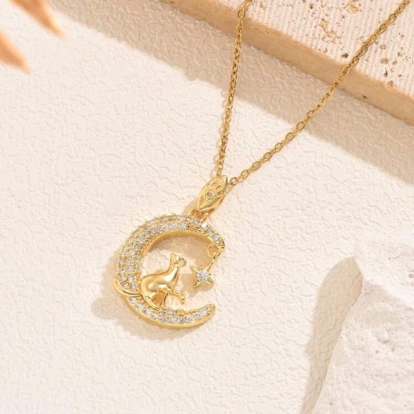 18k Gold Plated Cat and Moon Necklace, Crescent Moon and Cat Necklace - Picture 3 of 4